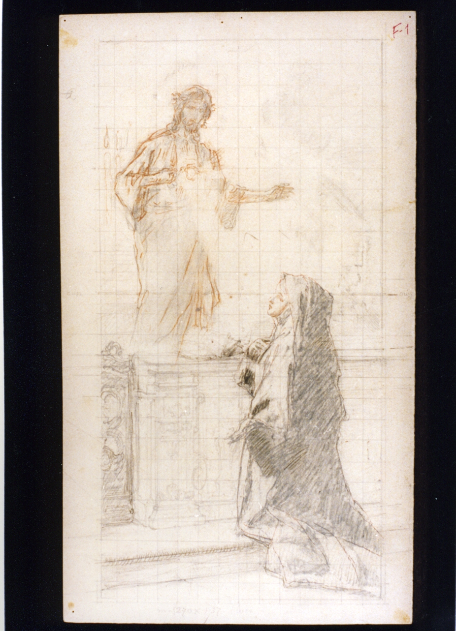 studio di monaca inginocchiata davanti alla statua del Cristo (disegno) di Vetri Paolo (sec. XX)