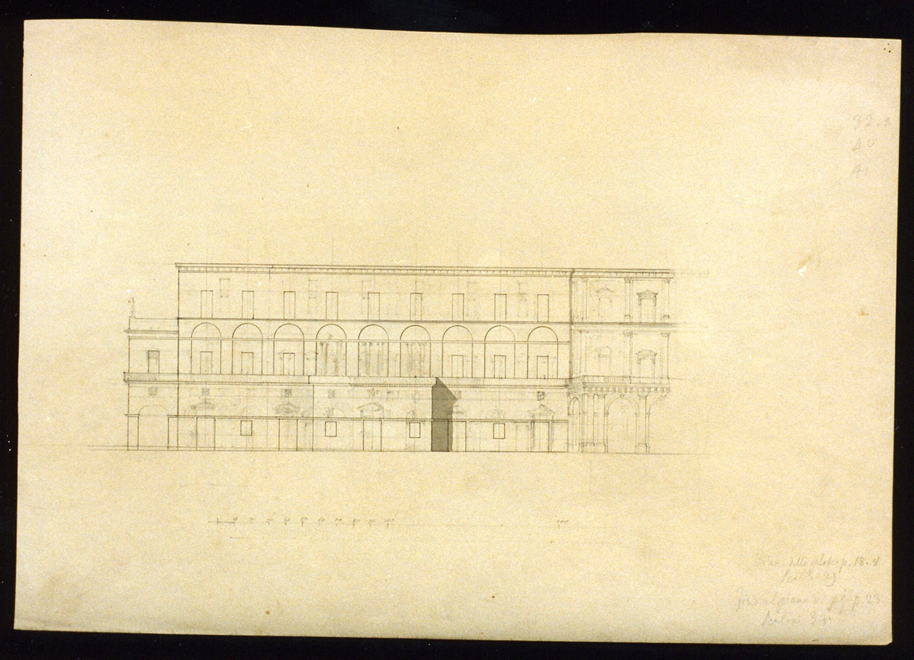 studio di un progetto della facciata laterale del teatro San Carlo e della parte del Palazzo Reale adiacente (disegno) di Niccolini Antonio (prima metà sec. XIX)