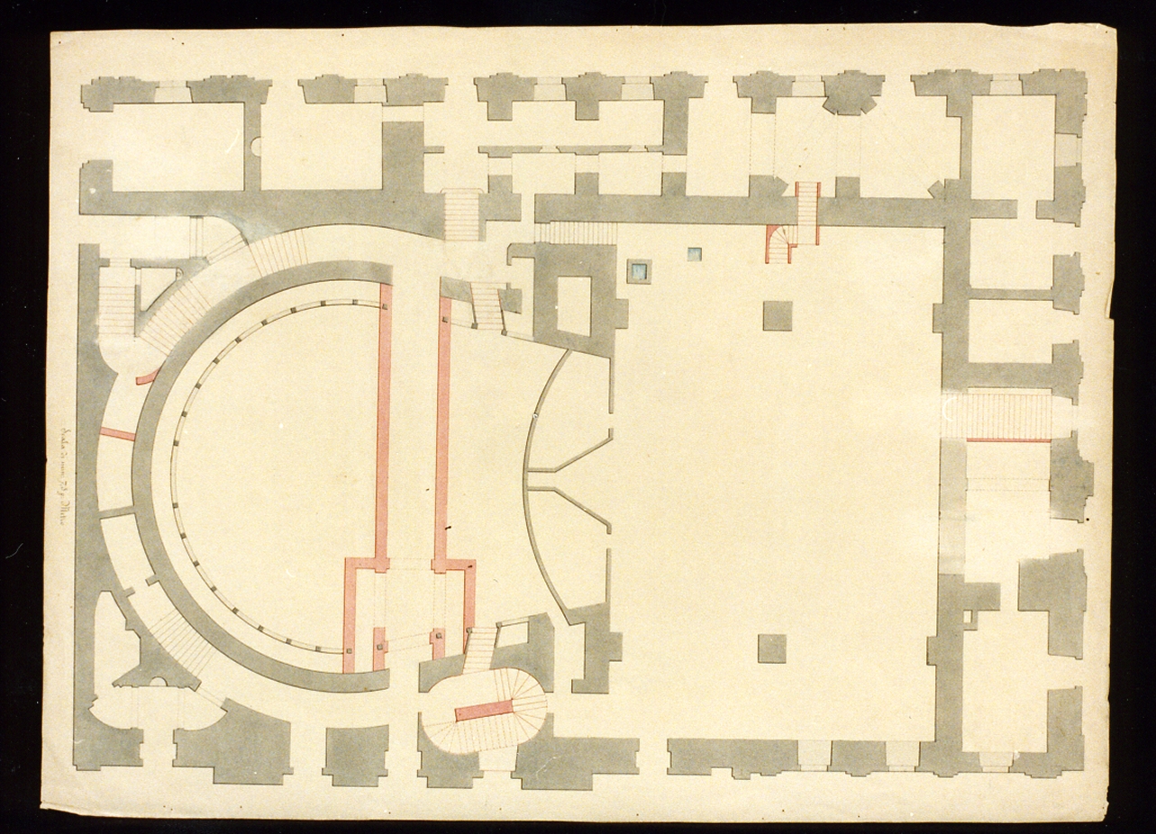 pianta planimetrica del teatro di San Carlo con platea e palcoscenico (disegno) di Niccolini Antonio (scuola) (prima metà sec. XIX)