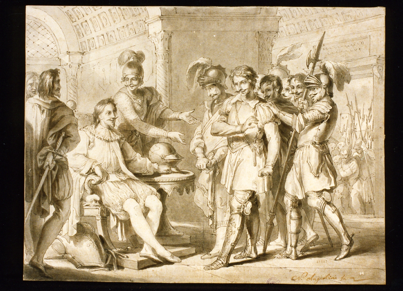scena con cavalieri (disegno) di Angiolini Napoleone (sec. XIX)