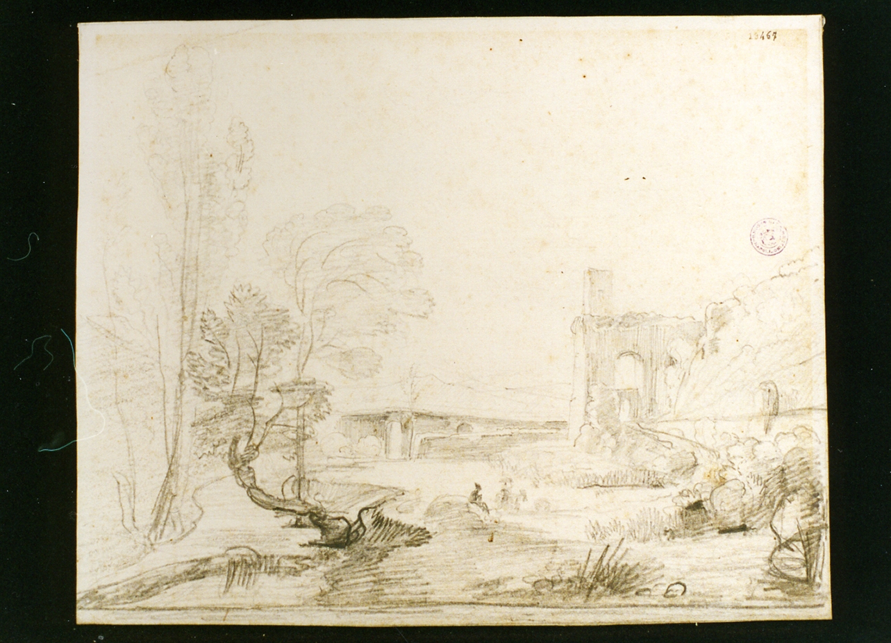 paesaggio con ruderi (disegno) di Pitloo Anton Sminck (sec. XIX)