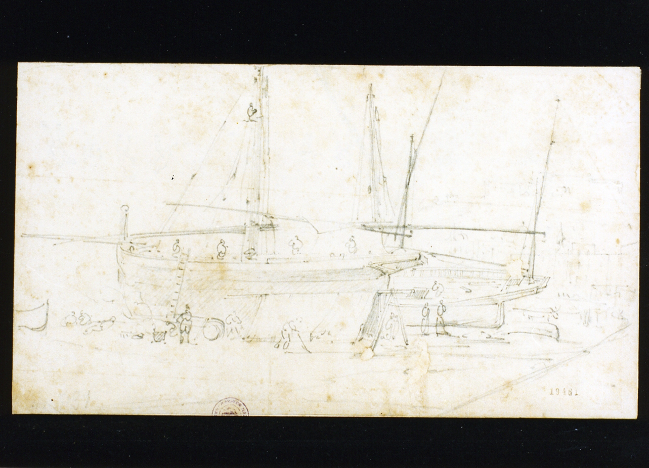 cantiere di barche alla Marinella (disegno) di Pitloo Anton Sminck (sec. XIX)