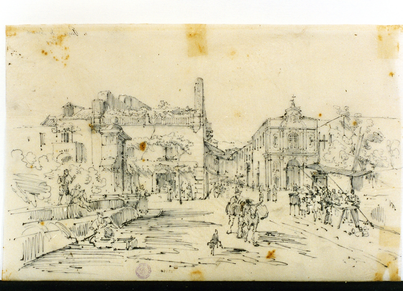 piazza Sedil Dominova a Sorrento (disegno) di Pitloo Anton Sminck (sec. XIX)