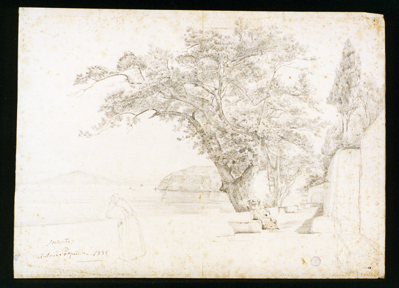 veduta di Sorrento con frate camaldolese (disegno) di Papandrea Antonio (sec. XIX)