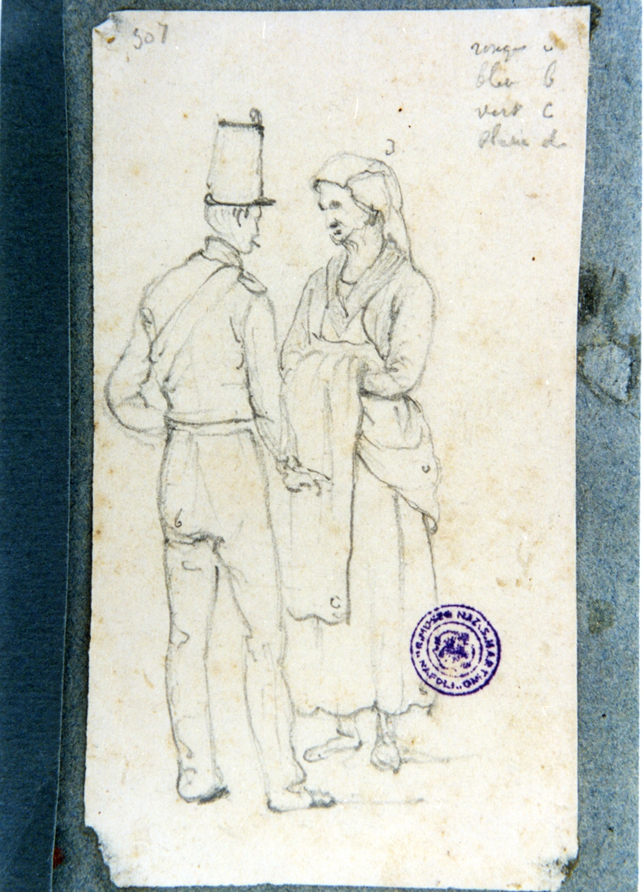 studio di soldato in conversazione con popolana in costume regionale (disegno) di Vervloet Frans (sec. XIX)