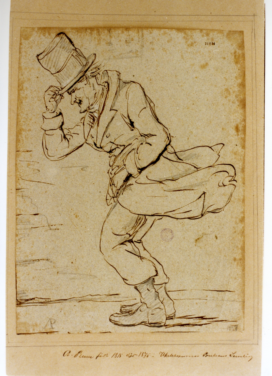 figura d'uomo trattenuto dal vento (disegno) di Plum August (sec. XIX)