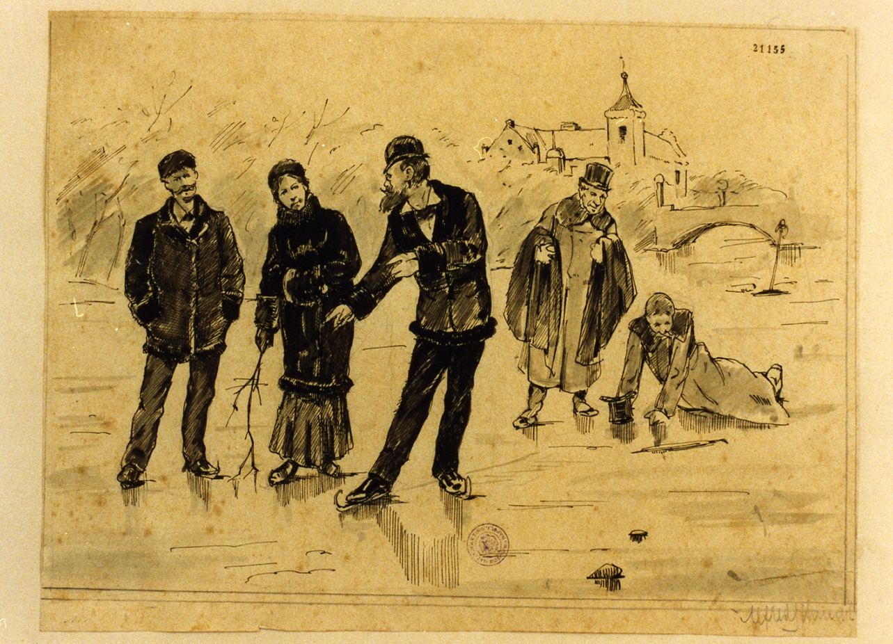 figure che pattinano sul ghiaccio (disegno) di Schmidt Alfred Michael Roedsted (secc. XIX/ XX)