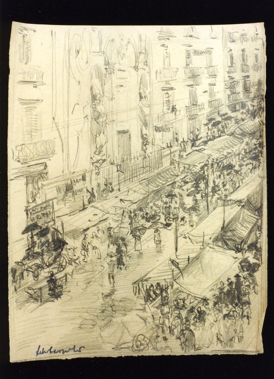 paesaggio con architettura (disegno) di Scorzelli Raffaello (metà sec. XX)