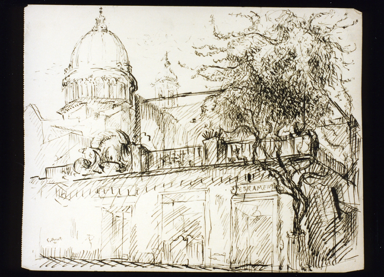 veduta di chiesa (disegno) - ambito italiano (sec. XX)