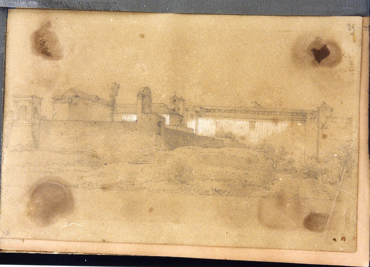 paesaggio con architetture (disegno) di Postiglione Raffaele (ultimo quarto sec. XIX)