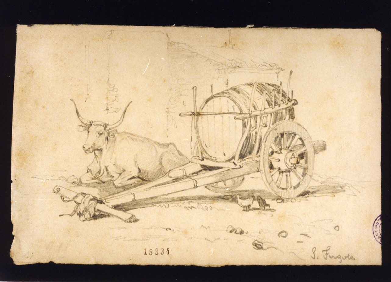 carro con bue accovacciato (disegno) di Fergola Salvatore (sec. XIX)