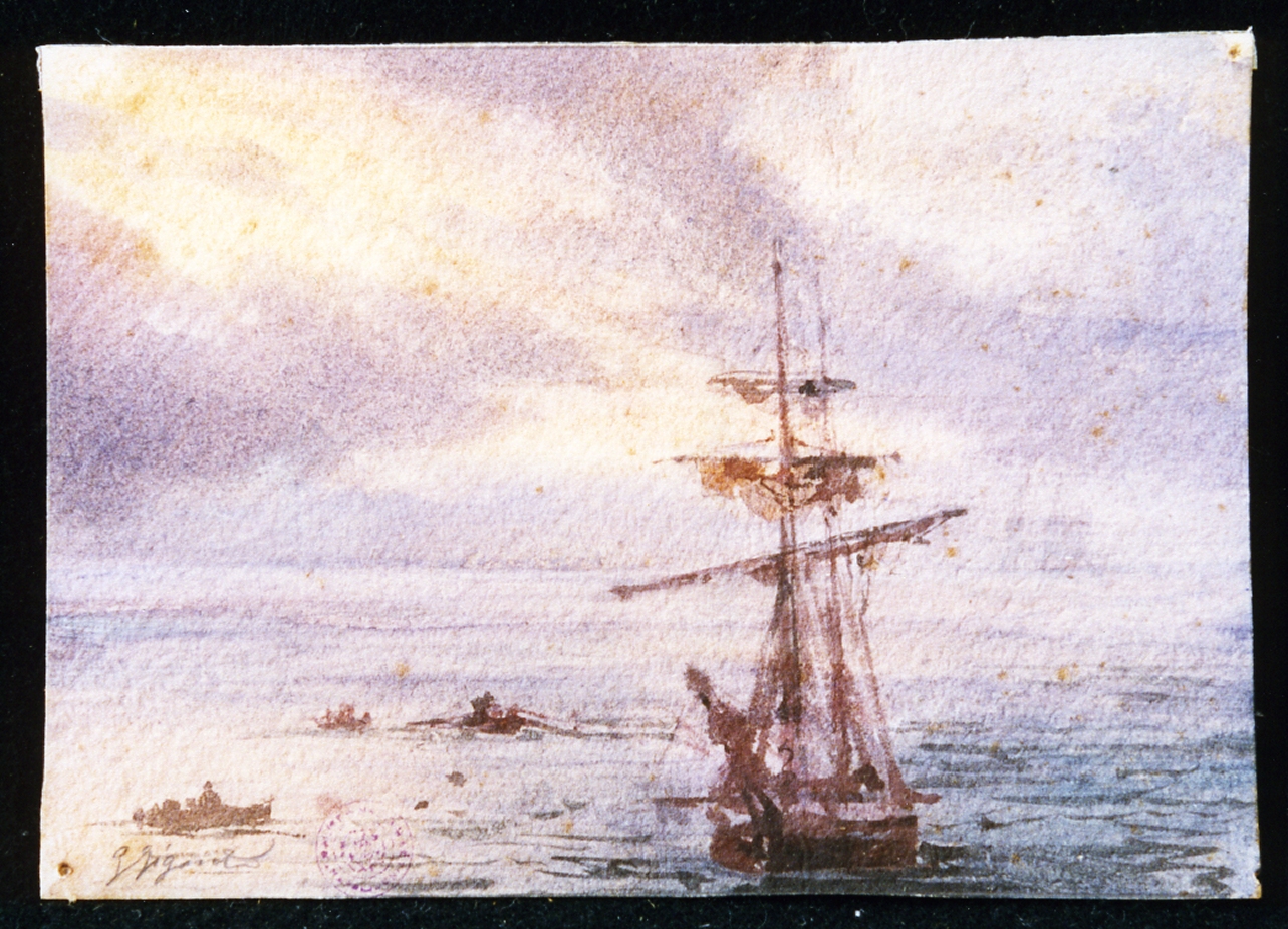 marina con veliero (disegno) di Gigante Giacinto (sec. XIX)