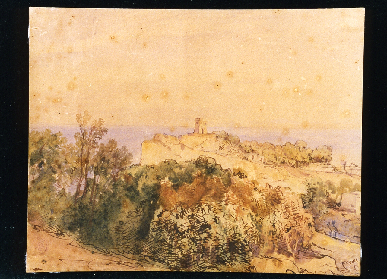 paesaggio con torre sulla costiera amalfitana (disegno) di Gigante Giacinto (sec. XIX)