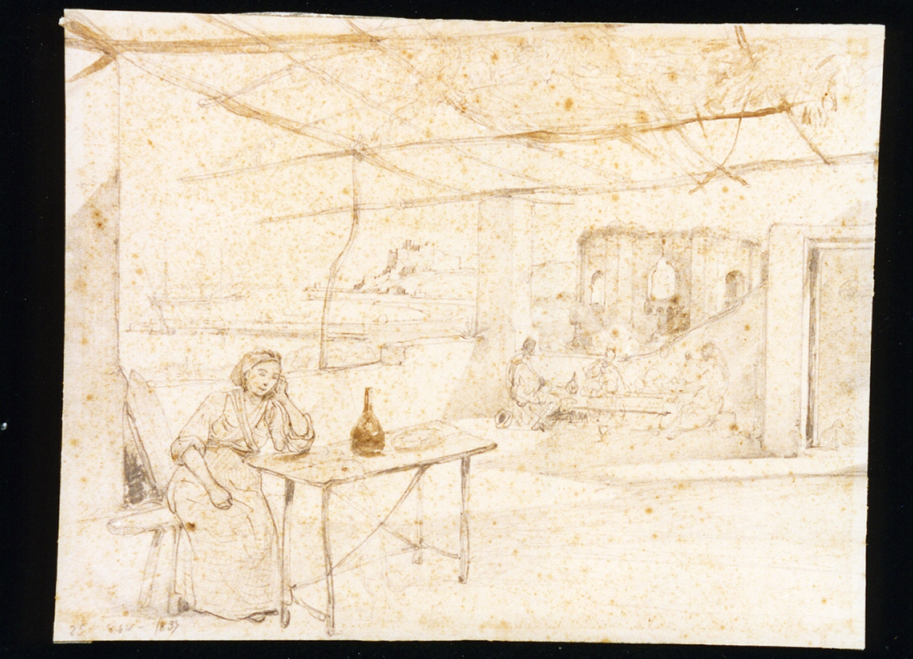 veduta di Baia da una terrazza con pergolato e figure (disegno) di Gigante Giacinto (sec. XIX)