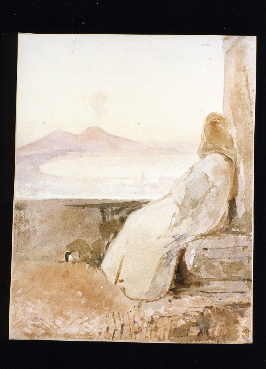 veduta del golfo di Napoli con monaco certosino (disegno) di Gigante Giacinto (sec. XIX)