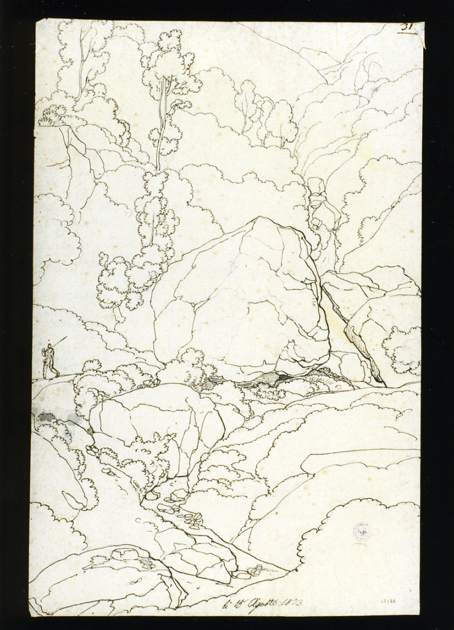 paesaggio con alberi e rocce (disegno) di Gigante Giacinto (sec. XIX)