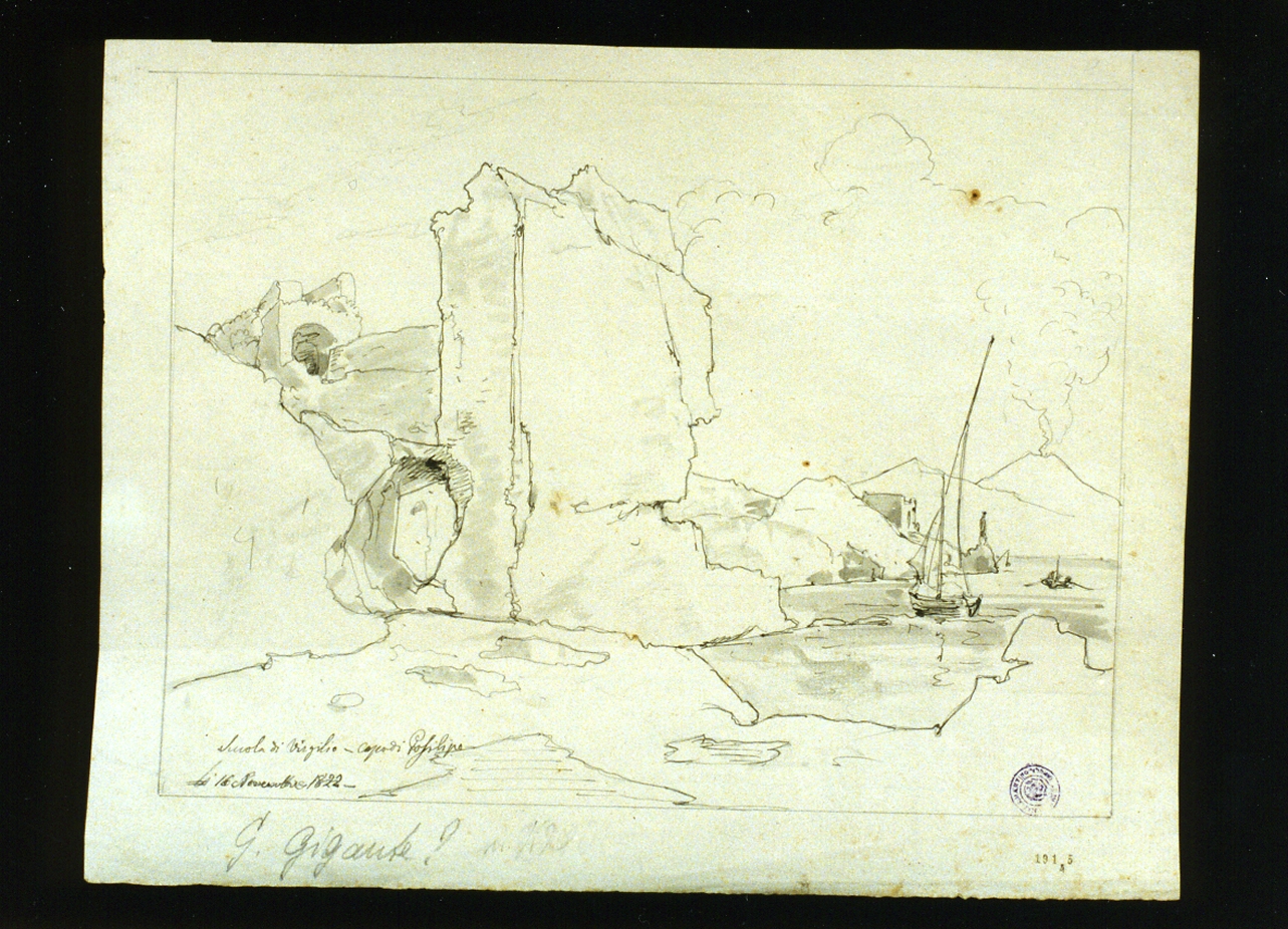 veduta della scuola di Virgilio a Posillipo (disegno) di Gigante Giacinto (sec. XIX)