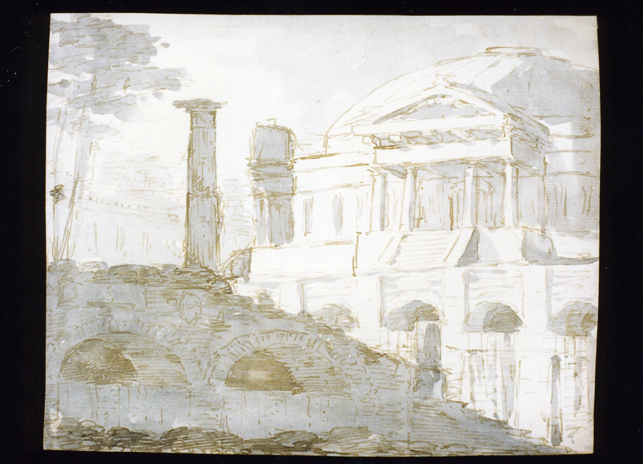 paesaggio con architetture (disegno) di Niccolini Antonio (scuola) (sec. XIX)