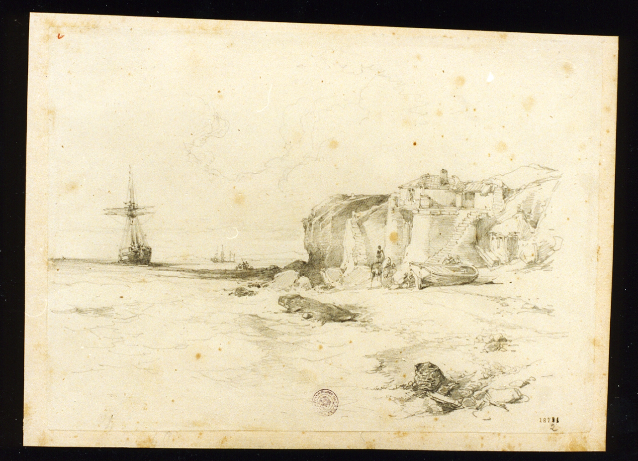 veduta marina con brigantino (disegno) di Carelli Consalvo (sec. XIX)