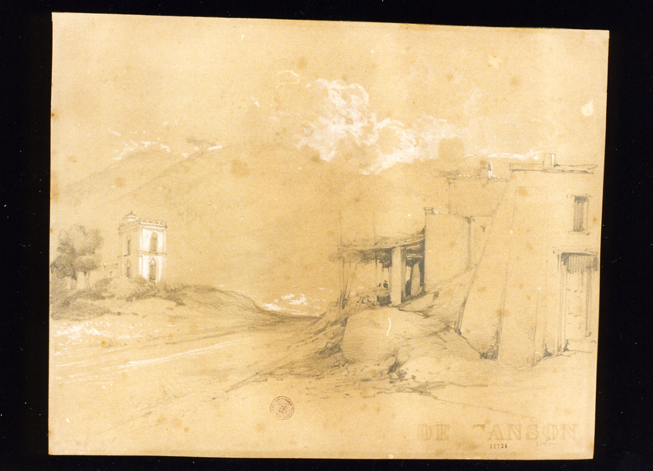 veduta con case e pergolato (disegno) di Carelli Consalvo (sec. XIX)