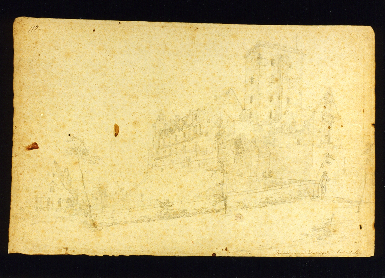 veduta della facciata del castello di Enrico IV a Pan (disegno) di Fergola Salvatore (sec. XIX)
