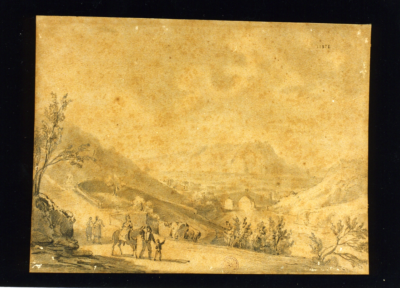 veduta di paesaggio con ponte e figure (disegno) di Fergola Salvatore (sec. XIX)