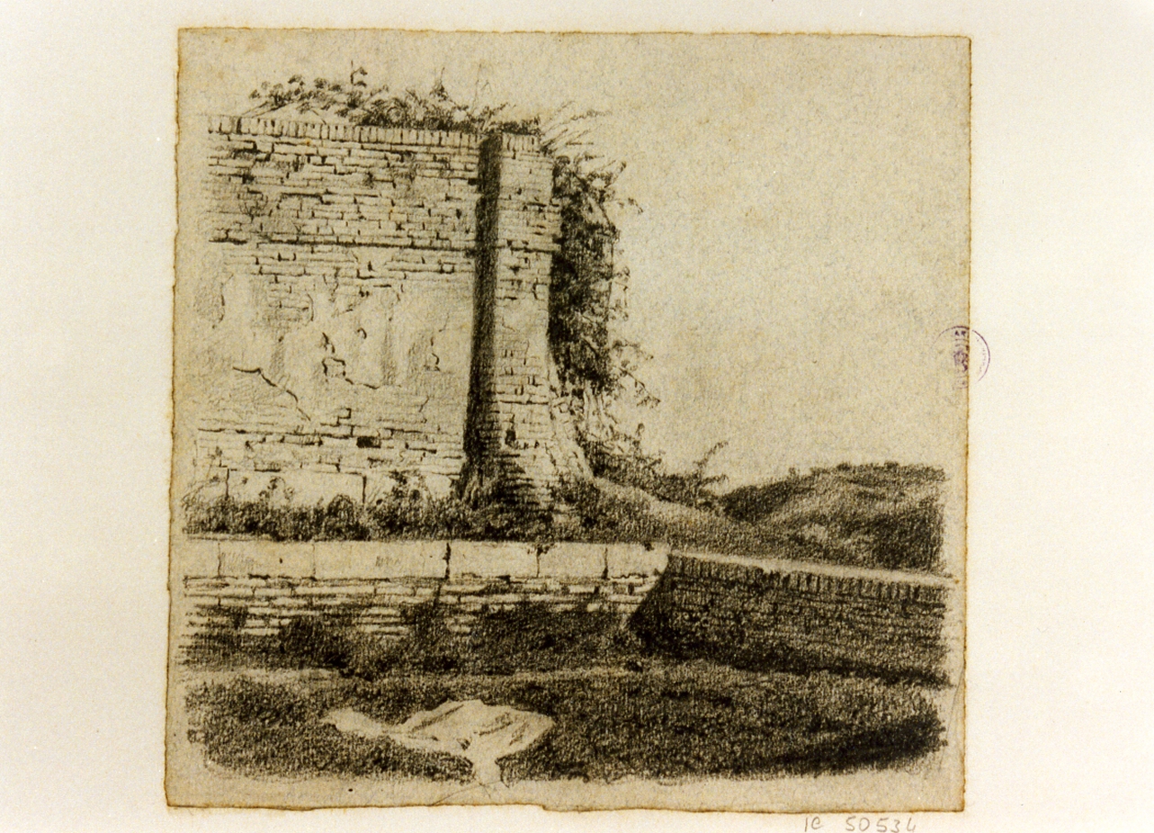 paesaggio con rovine (disegno) di Michetti Quintilio (sec. XIX)