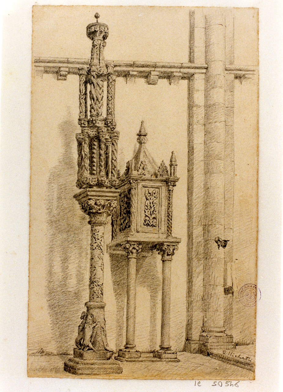 studio di interno con candelabro e tabernacolo (disegno) di Michetti Quintilio (sec. XIX)