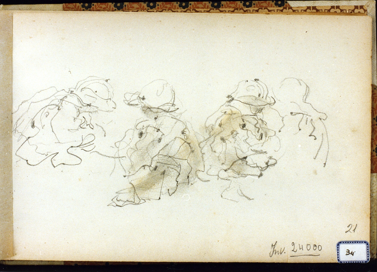 studio di quattro bambini che giocano seduti (disegno) di Ragione Raffaele (sec. XX)
