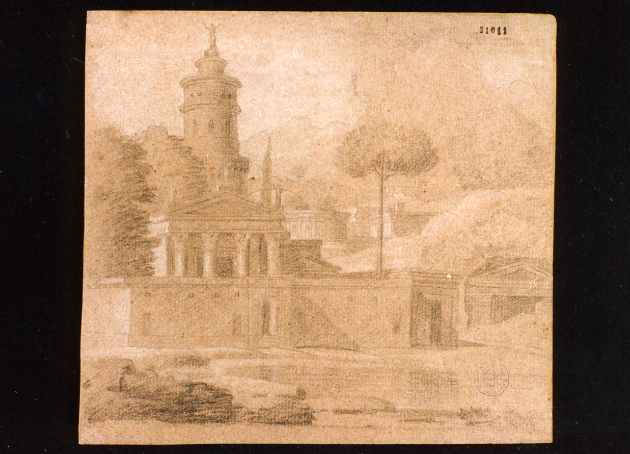 veduta con tempio tetrastilo (disegno) - ambito romano (sec. XIX)