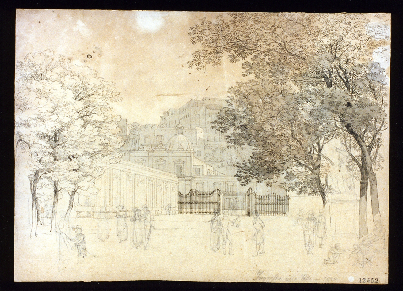 paesaggio con architettura (disegno) - ambito napoletano (sec. XIX)