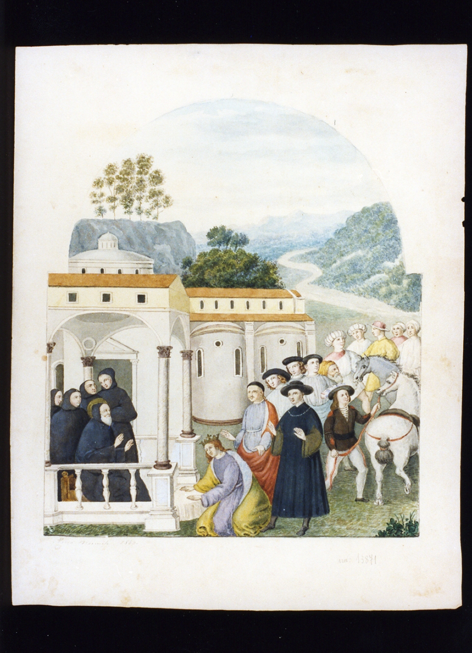 San Benedetto riconosce Rigo sotto le false spoglie del re Totila (disegno) - ambito Italia meridionale (sec. XIX)