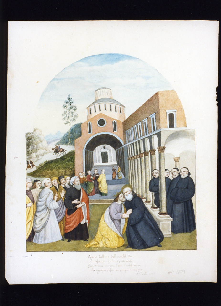 San Benedetto incontra il re Totila (disegno) - ambito Italia meridionale (sec. XIX)