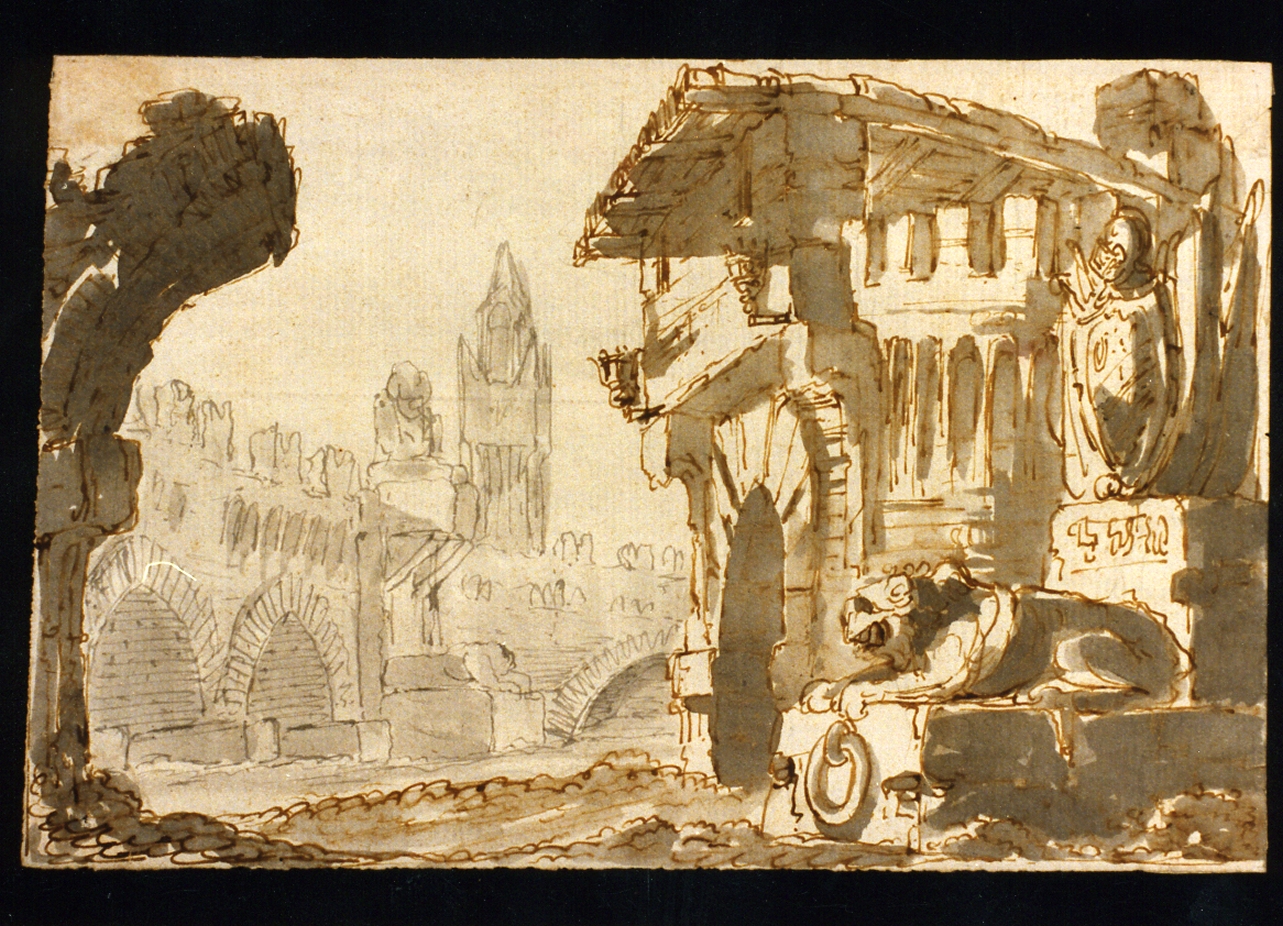 paesaggio con architettura (disegno) di Niccolini Antonio (scuola) (sec. XIX)