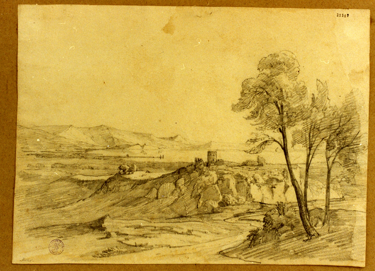 paesaggio di montagna con rudere (disegno) di Mohr Johann Georg Paul (sec. XIX)