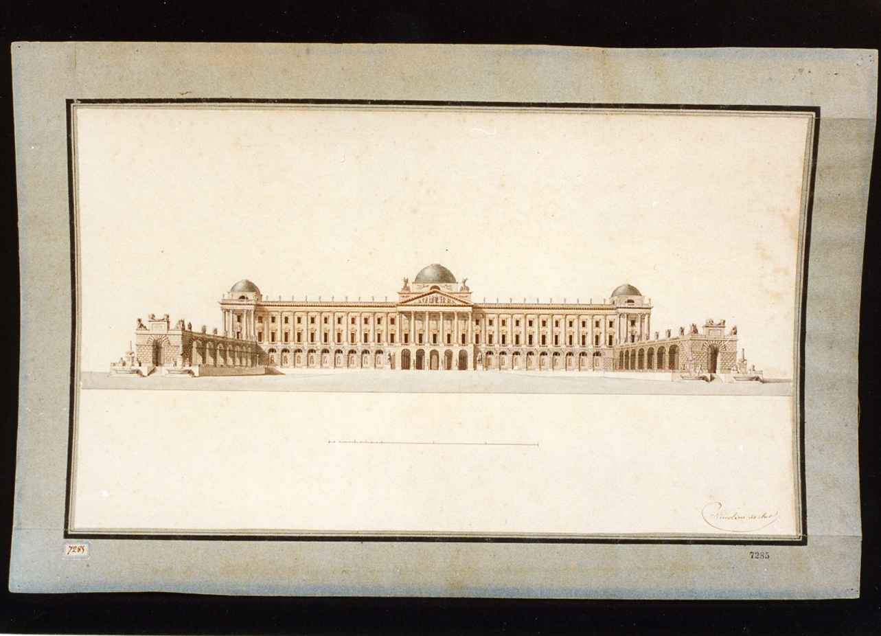 prospetto orientale del palazzo reale di Napoli (disegno) di Niccolini Antonio (sec. XIX)
