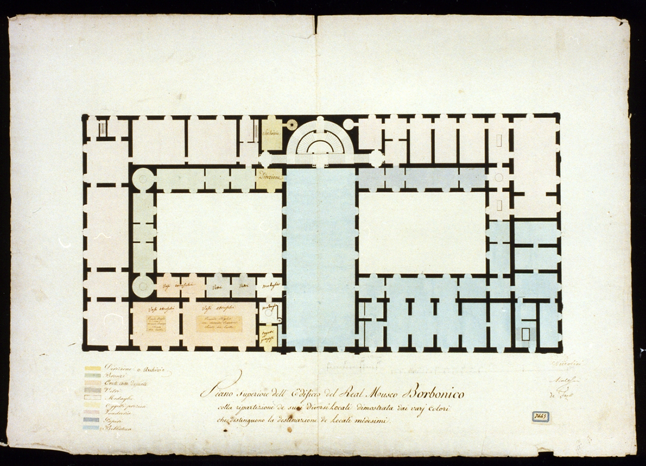 pianta del piano superiore del real museo borbonico (disegno) di Malesci Giovanni, Niccolini Antonio (sec. XIX)