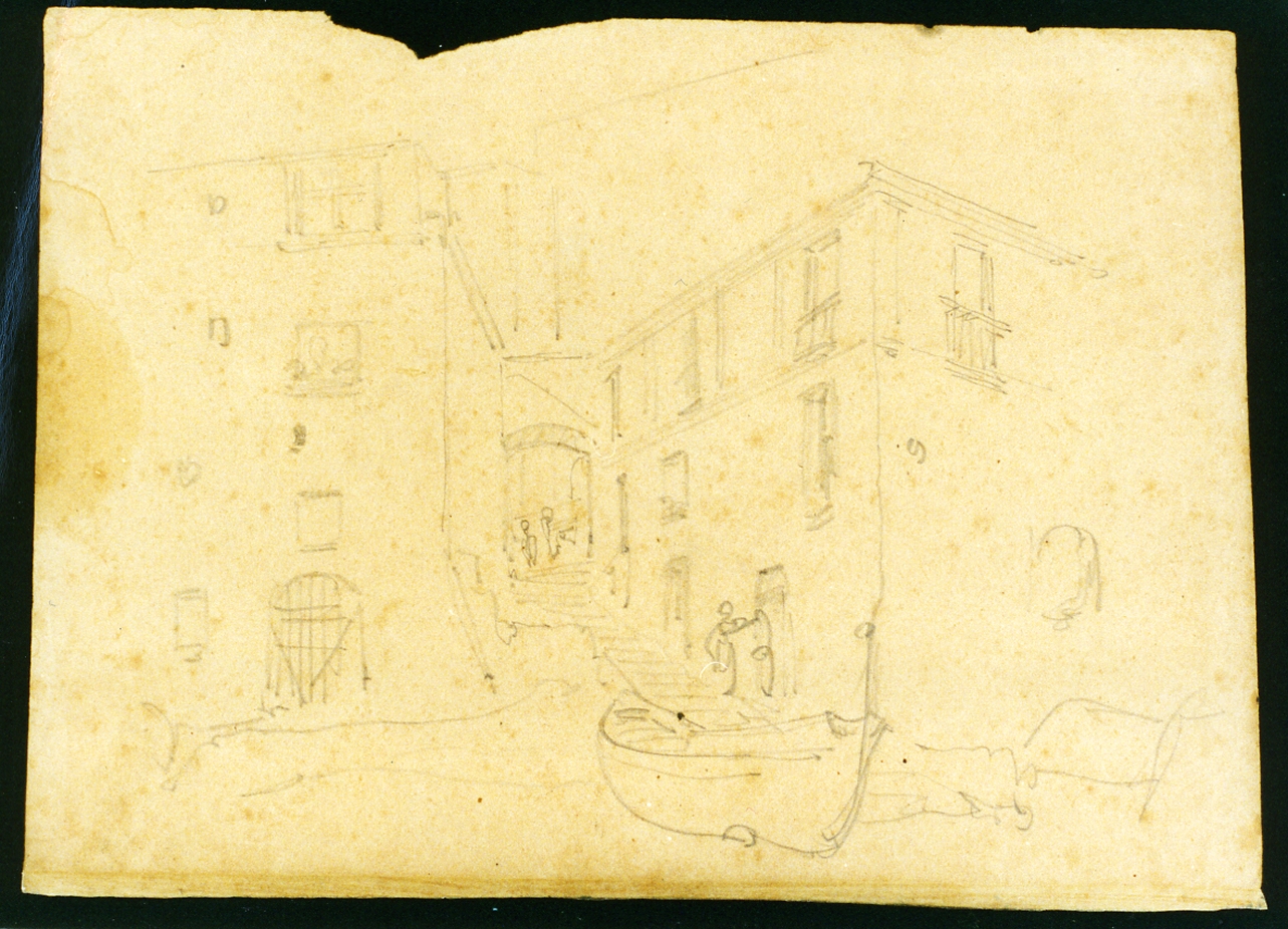 paesaggio con case e barca (disegno) di Serritelli Giovanni (metà sec. XIX)