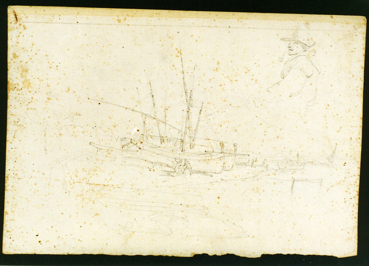 schizzi di marina con barche e figura maschile con pipa (disegno) di Serritelli Giovanni (metà sec. XIX)