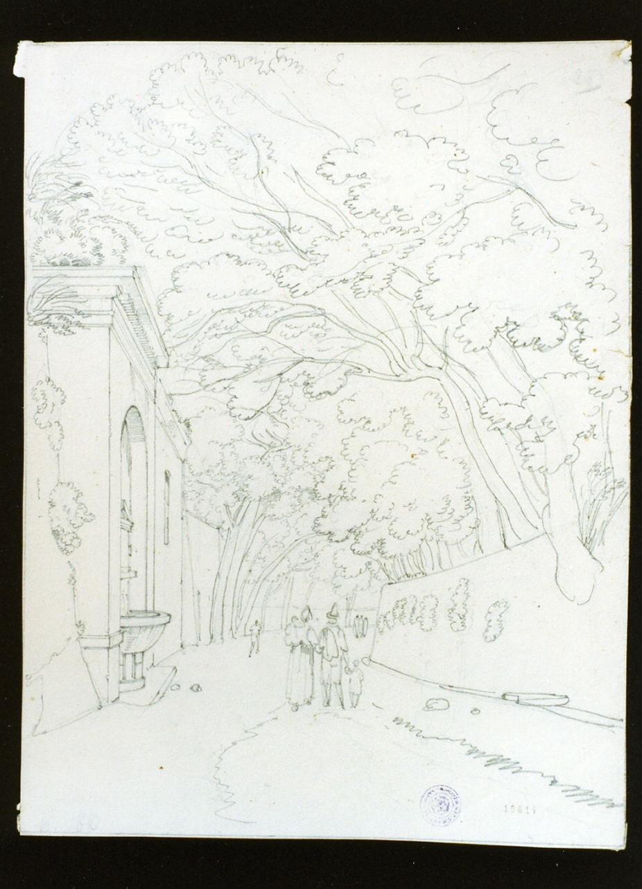 viale alberato con fontana (disegno) di Vianelli Achille (prima metà sec. XIX)