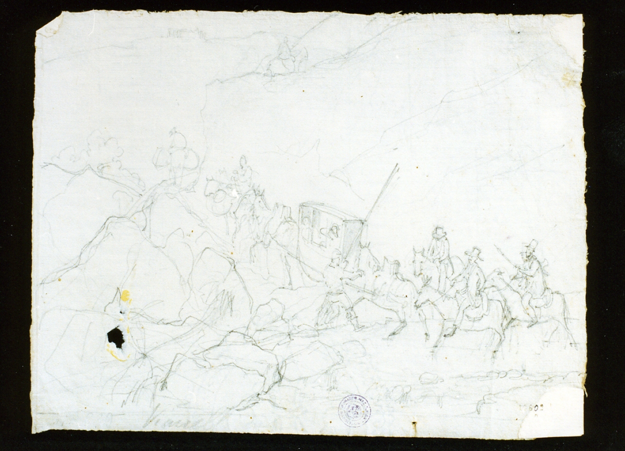 carrozza su un sentiero maontagnoso (disegno) di Vianelli Achille (prima metà sec. XIX)