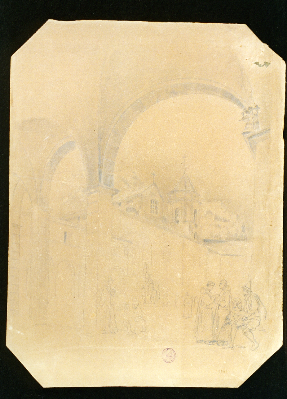 veduta di chiesa e convento con figure (disegno) di Vianelli Achille (prima metà sec. XIX)