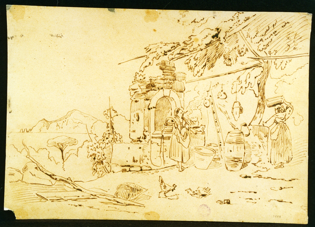 cortile rustico con contadine (disegno) di Vianelli Achille (prima metà sec. XIX)