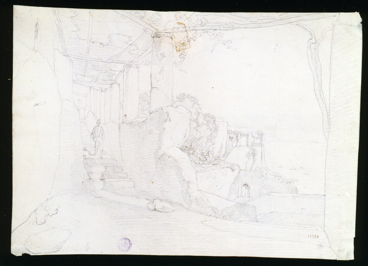 veduta con pergolato e figura che sale le scale (disegno) di Vianelli Achille (prima metà sec. XIX)