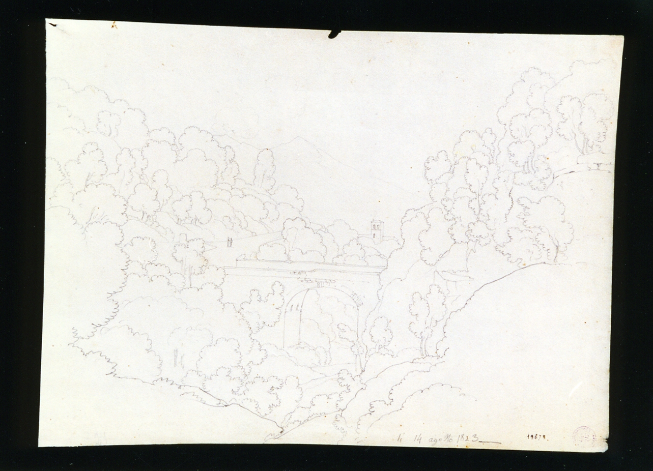veduta di paesaggio con ponte (disegno) di Vianelli Achille (sec. XIX)