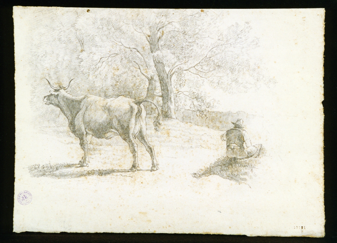 paesaggio campestre con mucca e contadino (disegno) di Voogd Hendrik (inizio sec. XIX)