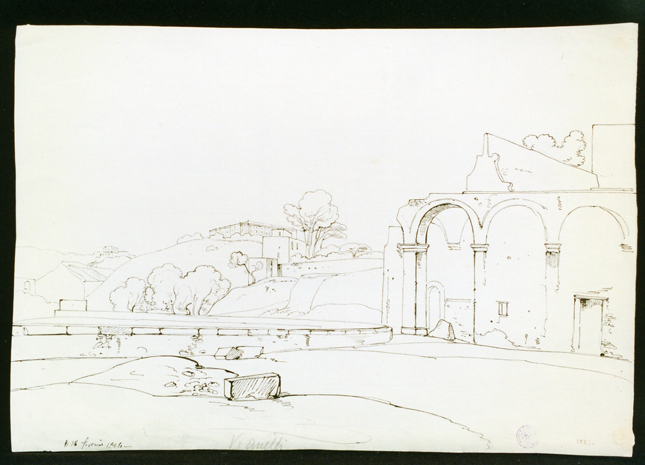 paesaggio con architetture (disegno) di Vianelli Achille (sec. XIX)