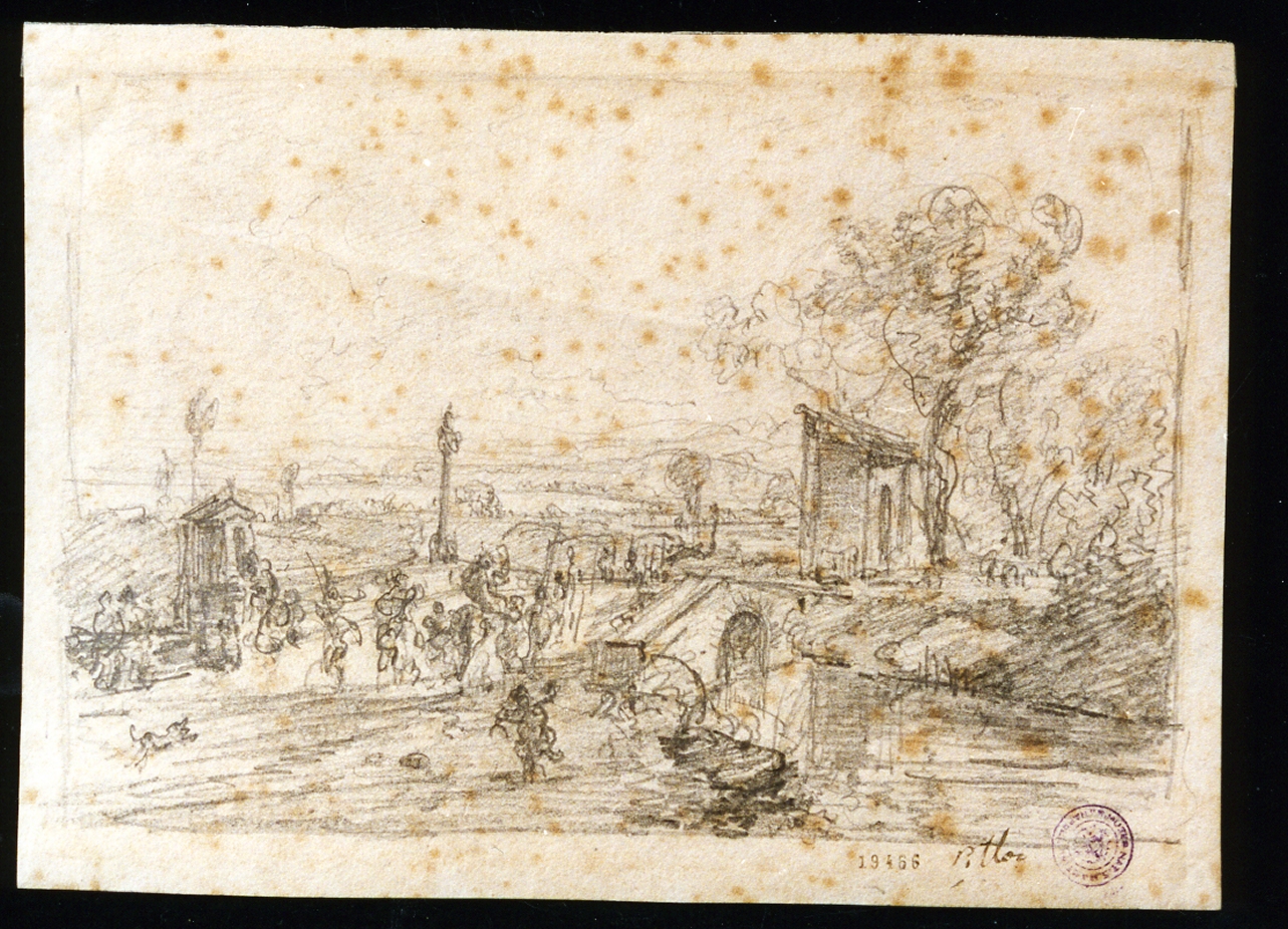 paesaggio con fiume e figure (disegno) di Pitloo Anton Sminck (inizio sec. XIX)
