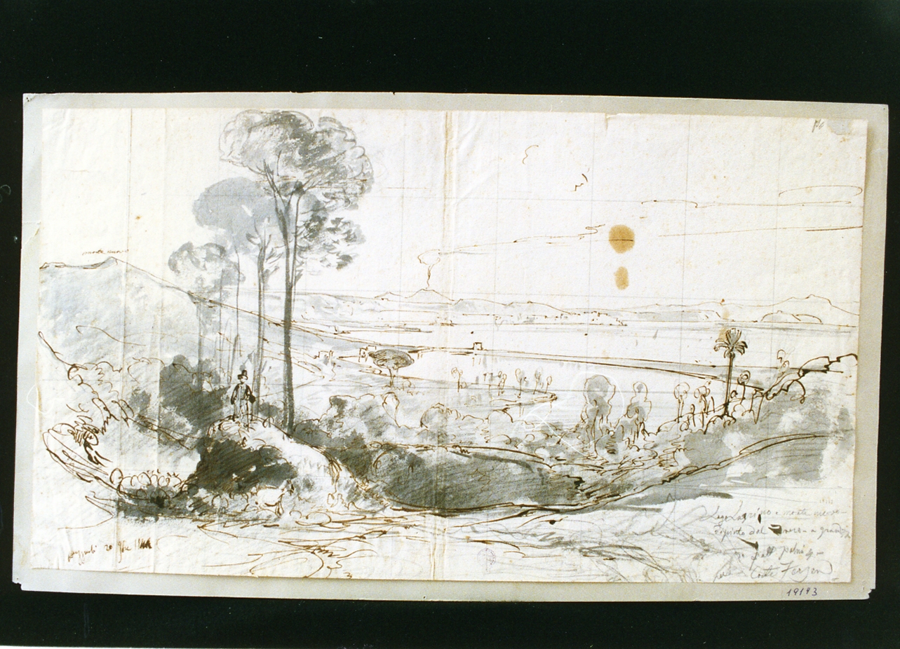 veduta del lago di Lucrino e del Monte Nuovo (disegno) di Gigante Giacinto (sec. XIX)
