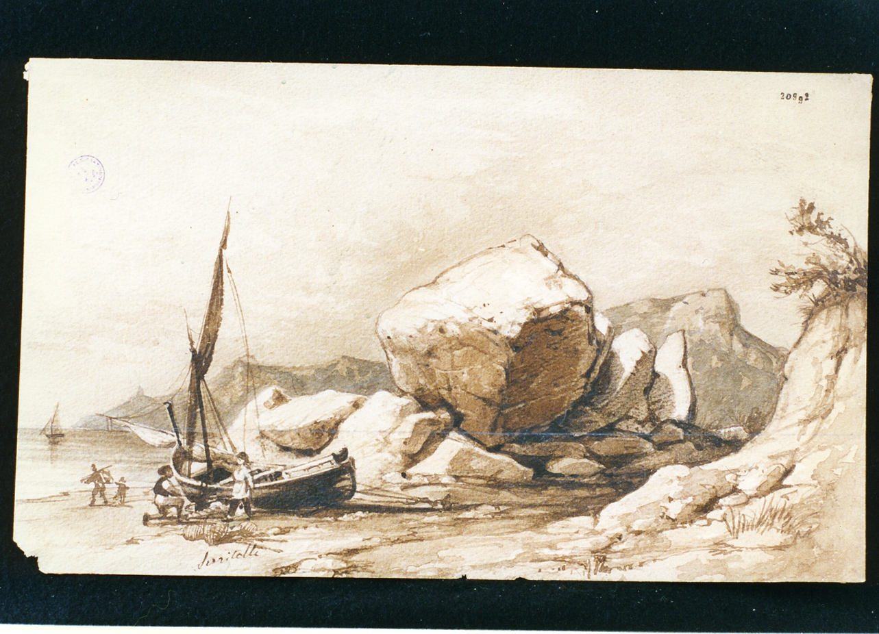 marina con pescatori e barche (disegno) di Serritelli Giovanni (sec. XIX)